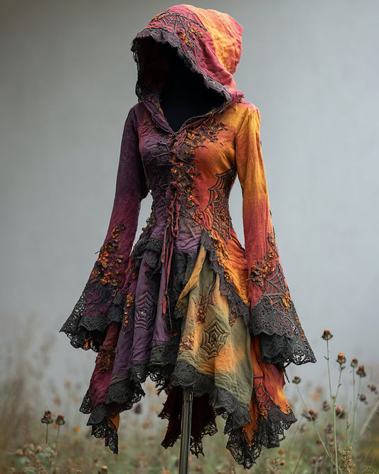 Giseabel Bohemian style Irregular Gradient Embroidered Lace Patchwork Hooded Evening Dress cf02