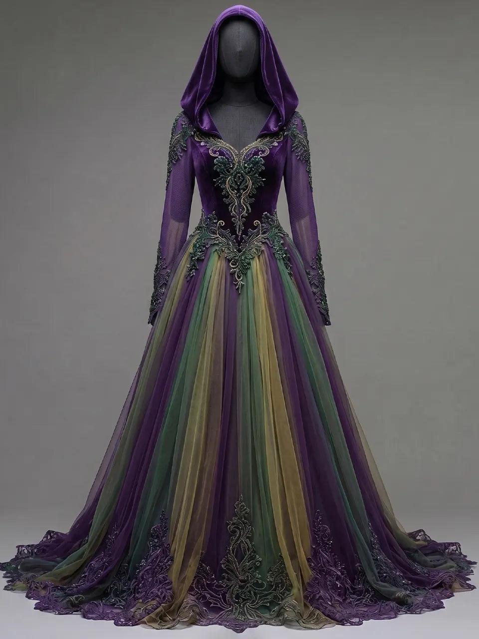 Womens Hooded V Neck Velvet Embroidered Spliced Sheer Long Sleeve Layered Tulle Embroidered Train Long Gown