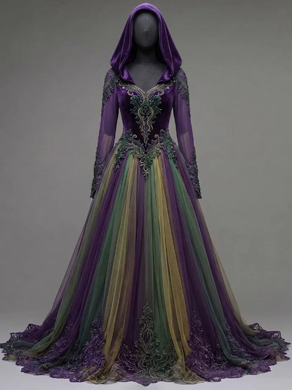 Womens Hooded V Neck Velvet Embroidered Spliced Sheer Long Sleeve Layered Tulle Embroidered Train Long Gown