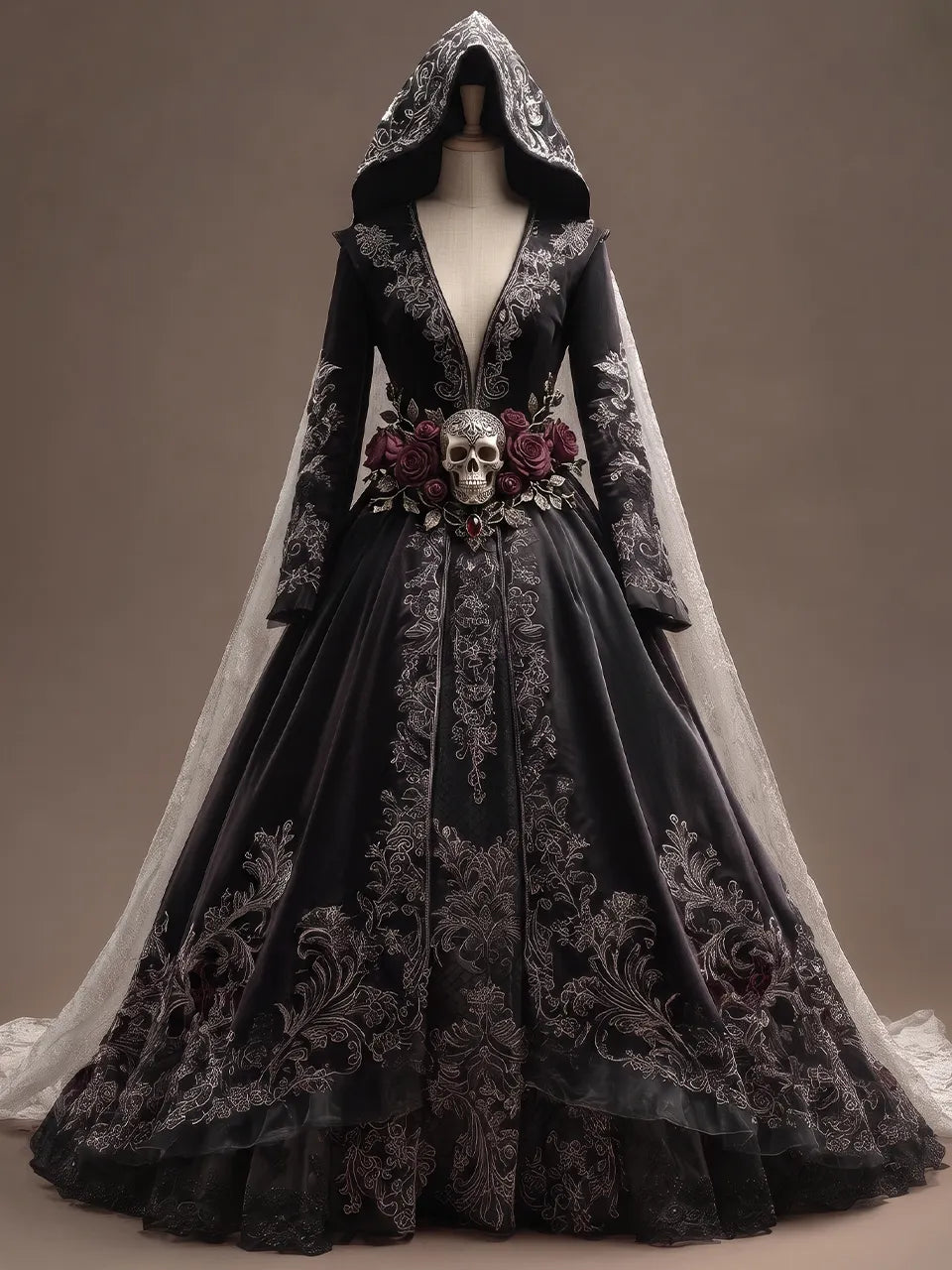Womens Hooded Deep V Neck Velvet Embroidered Long Sleeve Ball Gown Train Long Dress