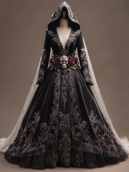 Womens Hooded Deep V Neck Velvet Embroidered Long Sleeve Ball Gown Train Long Dress