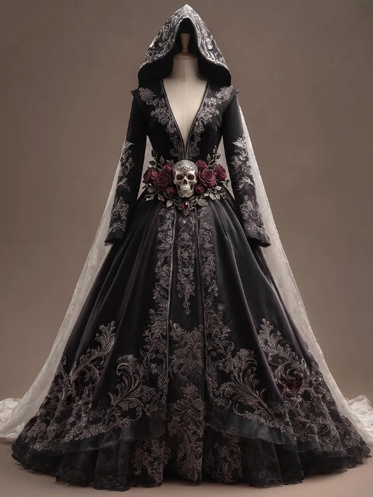 Womens Hooded Deep V Neck Velvet Embroidered Long Sleeve Ball Gown Train Long Dress