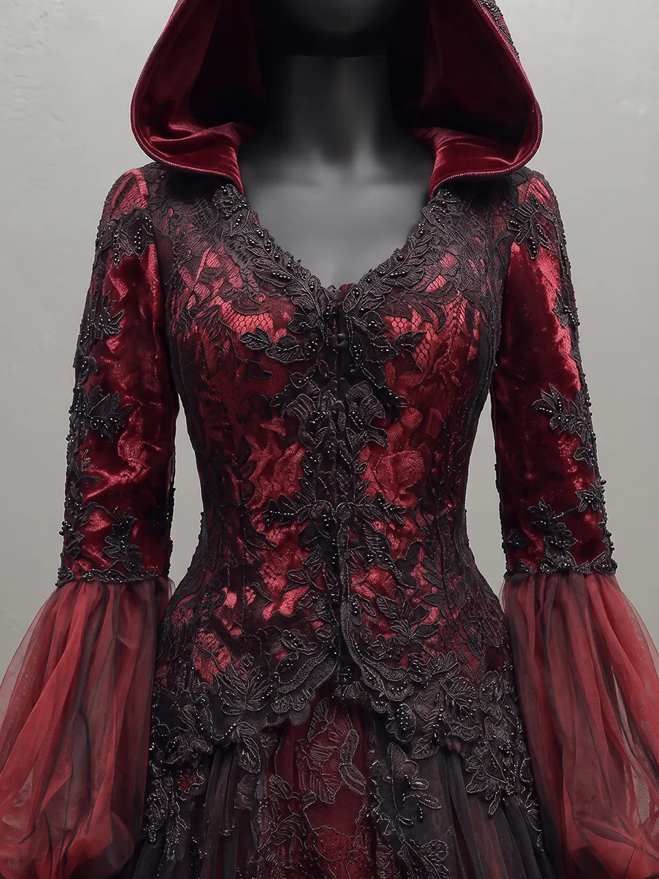Womens Hooded V-neck Spliced Lace Puff Sleeve Tiered Tulle Long Gown