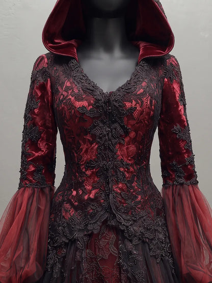 Womens Hooded V-neck Spliced Lace Puff Sleeve Tiered Tulle Long Gown