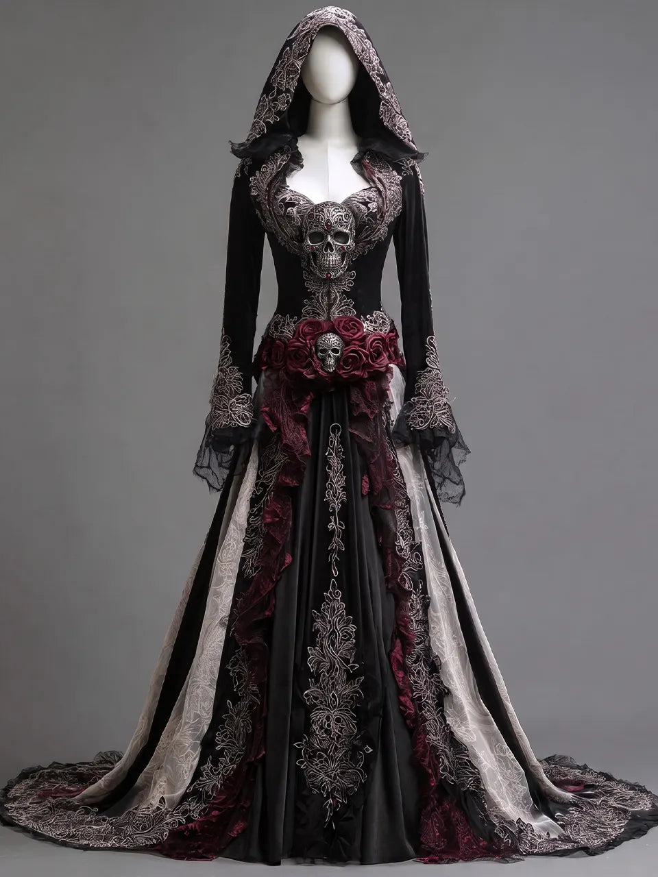 Womens Hooded Sweetheart Neck Velvet Embroidered Mesh Spliced Flare Sleeve Irregular Train Long Gown Dress
