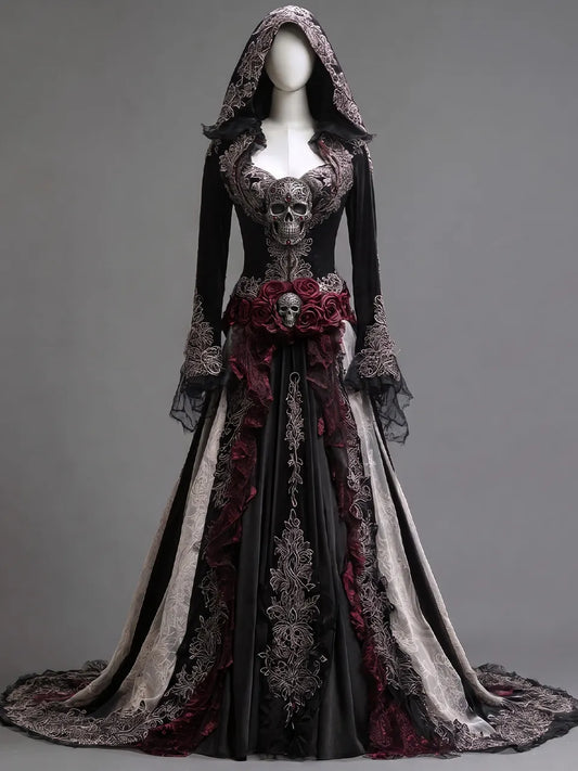 Womens Hooded Sweetheart Neck Velvet Embroidered Mesh Spliced Flare Sleeve Irregular Train Long Gown Dress