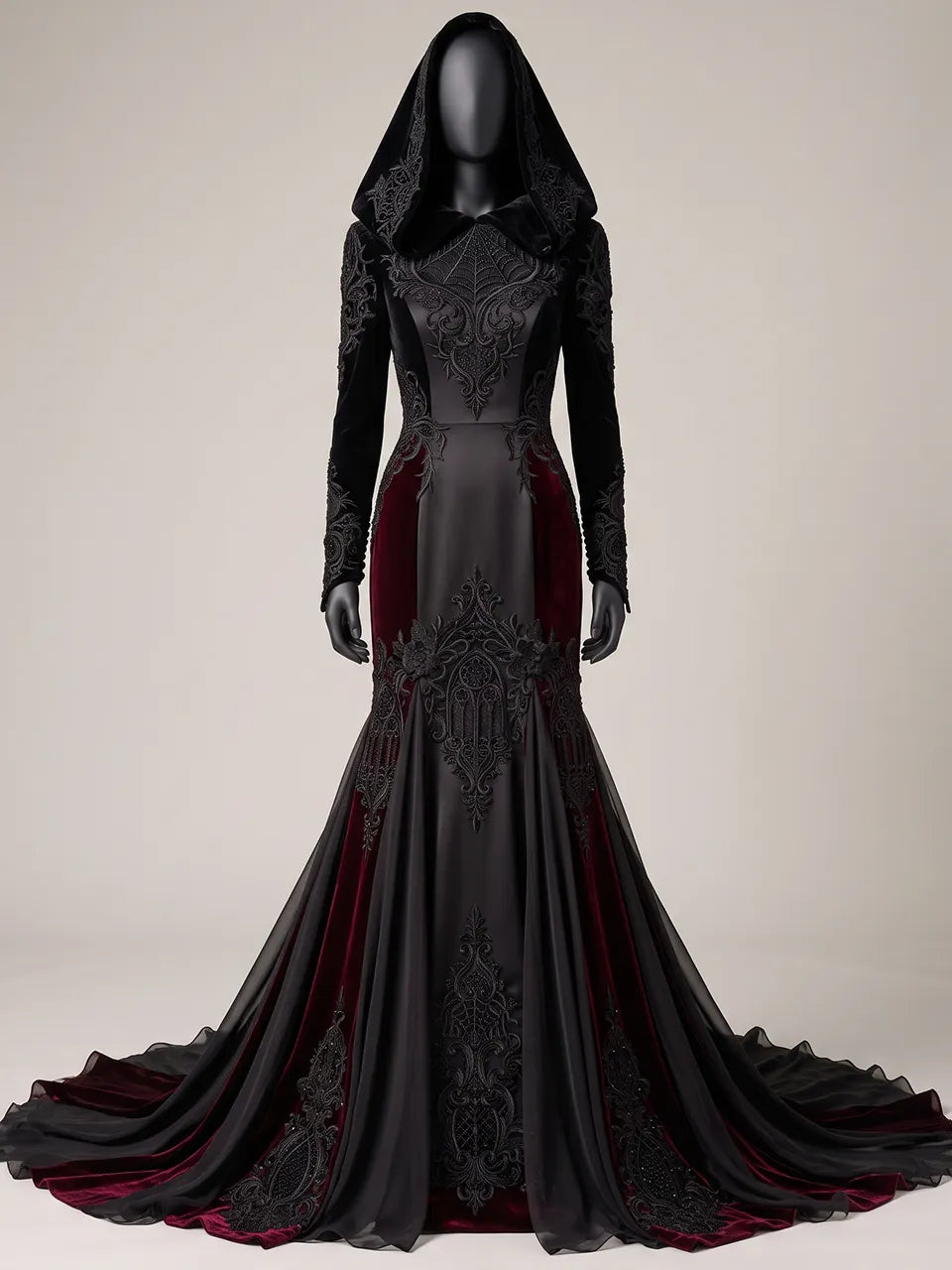 Womens Velvet Hooded Long Sleeve Spiderweb Embroidered Fitted Tulle Panel Train Mermaid Maxi Gown