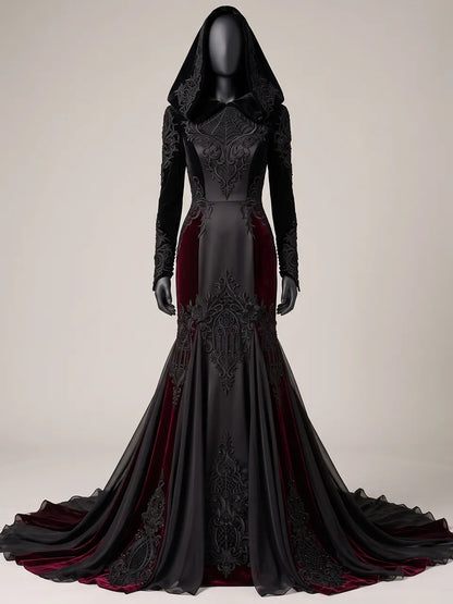 Womens Velvet Hooded Long Sleeve Spiderweb Embroidered Fitted Tulle Panel Train Mermaid Maxi Gown