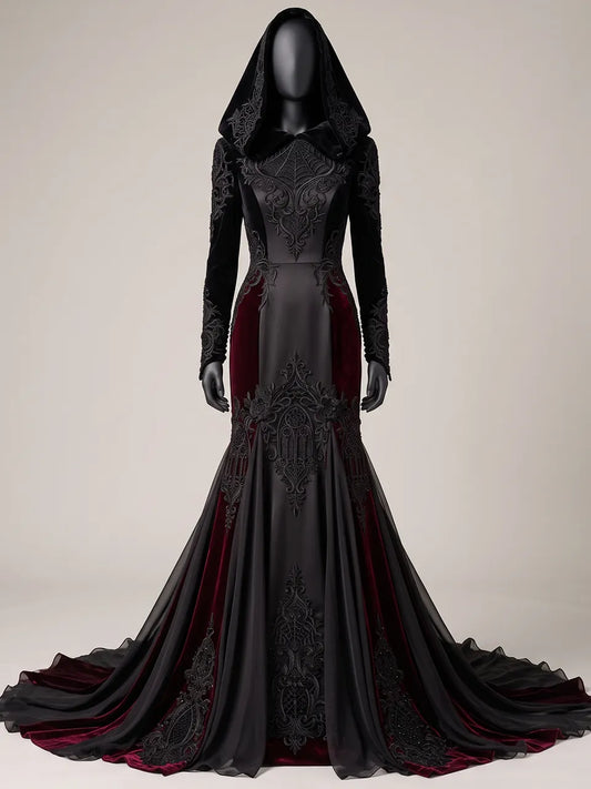 Womens Velvet Hooded Long Sleeve Spiderweb Embroidered Fitted Tulle Panel Train Mermaid Maxi Gown