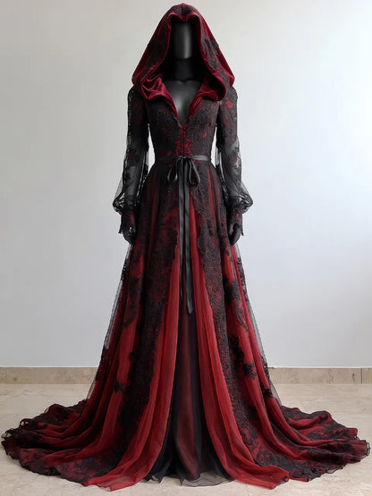 Womens Hooded Deep V-neck Tie Waist Sheer Long Sleeve Lace Embroidered Tulle Train Maxi Gown