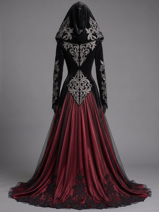 Womens V-neck Hooded Long Sleeve Skull Embroidered Velvet Spliced Tulle Flare Train Maxi Gown