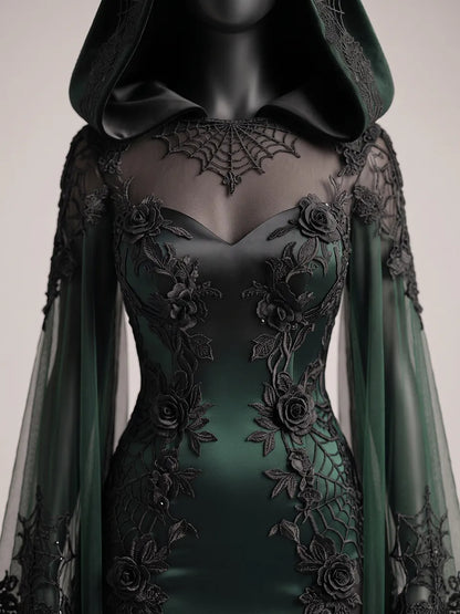 Womens Sheer Mesh Panel Sweetheart Neck Hooded Embroidered Flowy Cape Sleeve Mermaid Train Maxi Gown