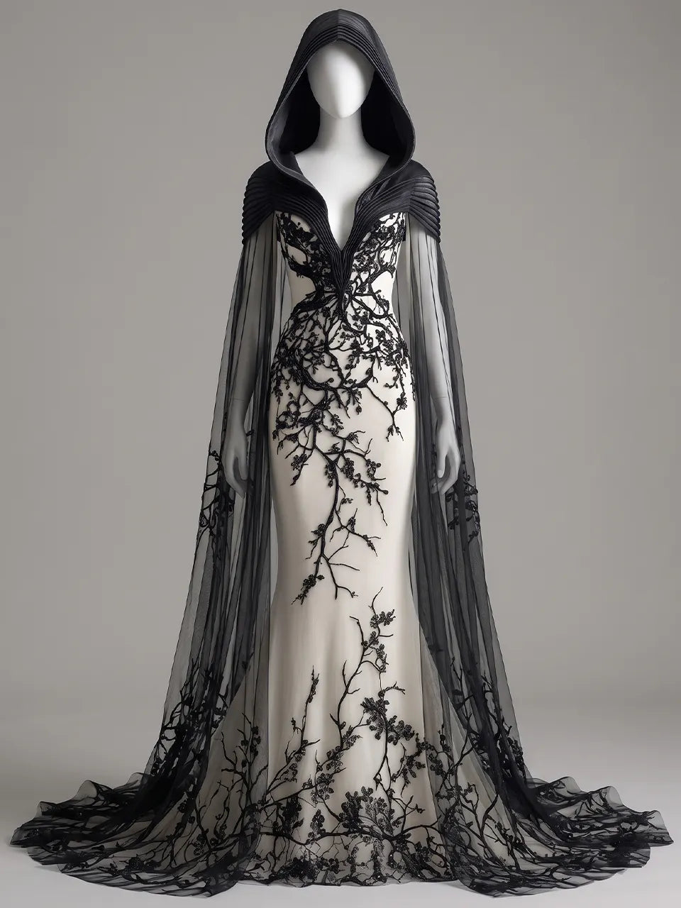 Womens Hooded V Neck Fitted Embroidered Sheer Train Tulle Cape Mermaid Long Gown