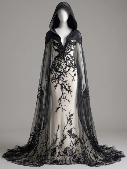 Womens Hooded V Neck Fitted Embroidered Sheer Train Tulle Cape Mermaid Long Gown