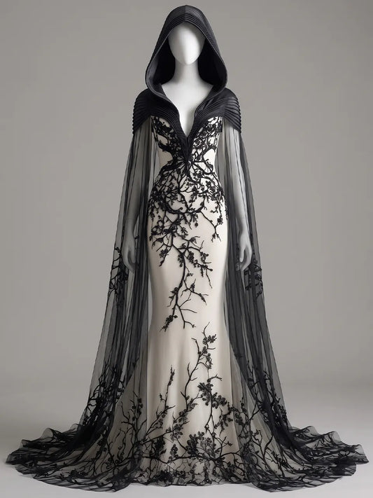 Womens Hooded V Neck Fitted Embroidered Sheer Train Tulle Cape Mermaid Long Gown