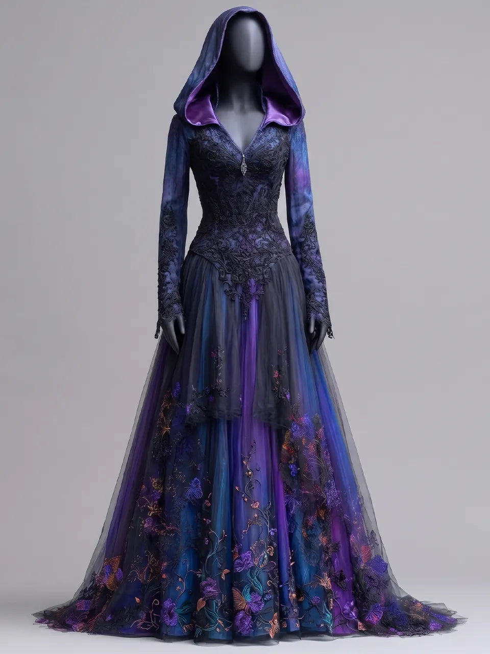 Womens Hooded V Neck Fitted Embroidered Lace Spliced Long Sleeve Tulle Train Long Gown
