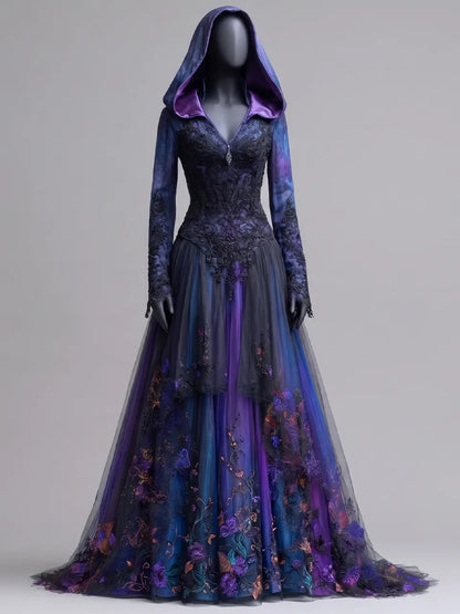 Womens Hooded V Neck Fitted Embroidered Lace Spliced Long Sleeve Tulle Train Long Gown