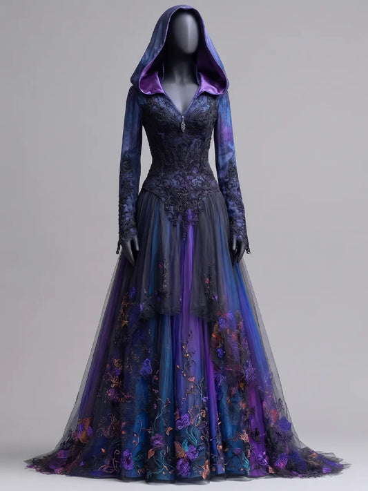 Womens Hooded V Neck Fitted Embroidered Lace Spliced Long Sleeve Tulle Train Long Gown