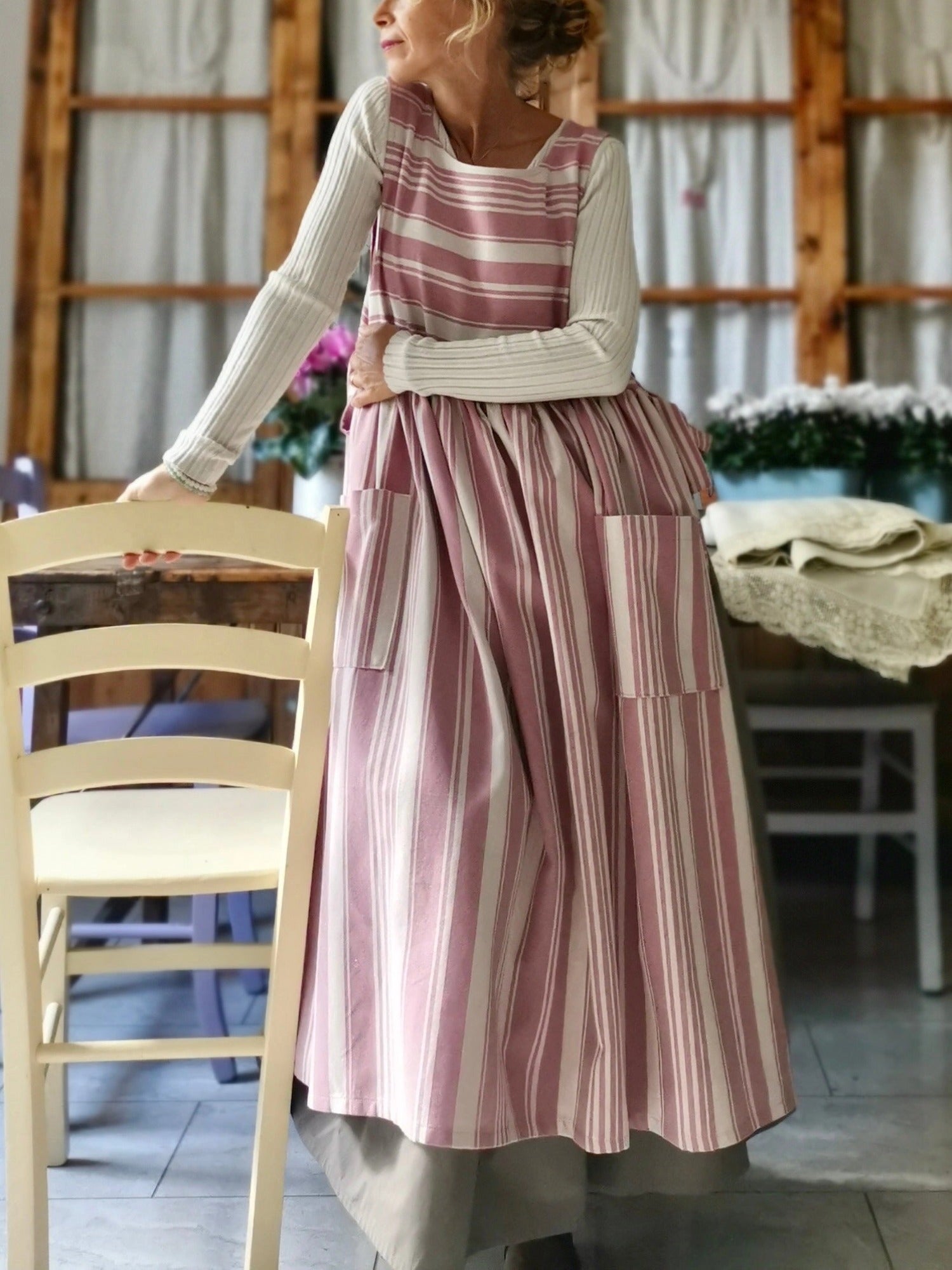 Pink and Cream Striped Apron