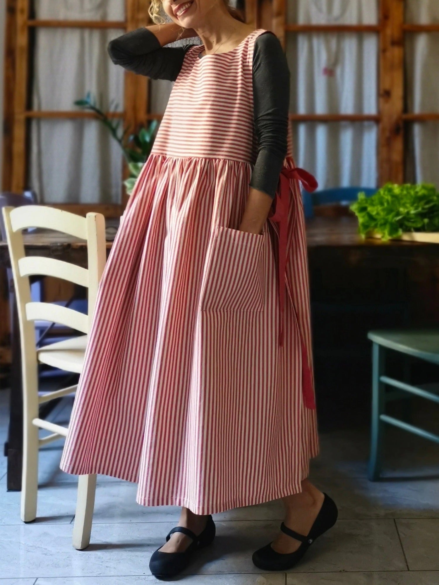 Cherry Red Striped Kitchen Apron