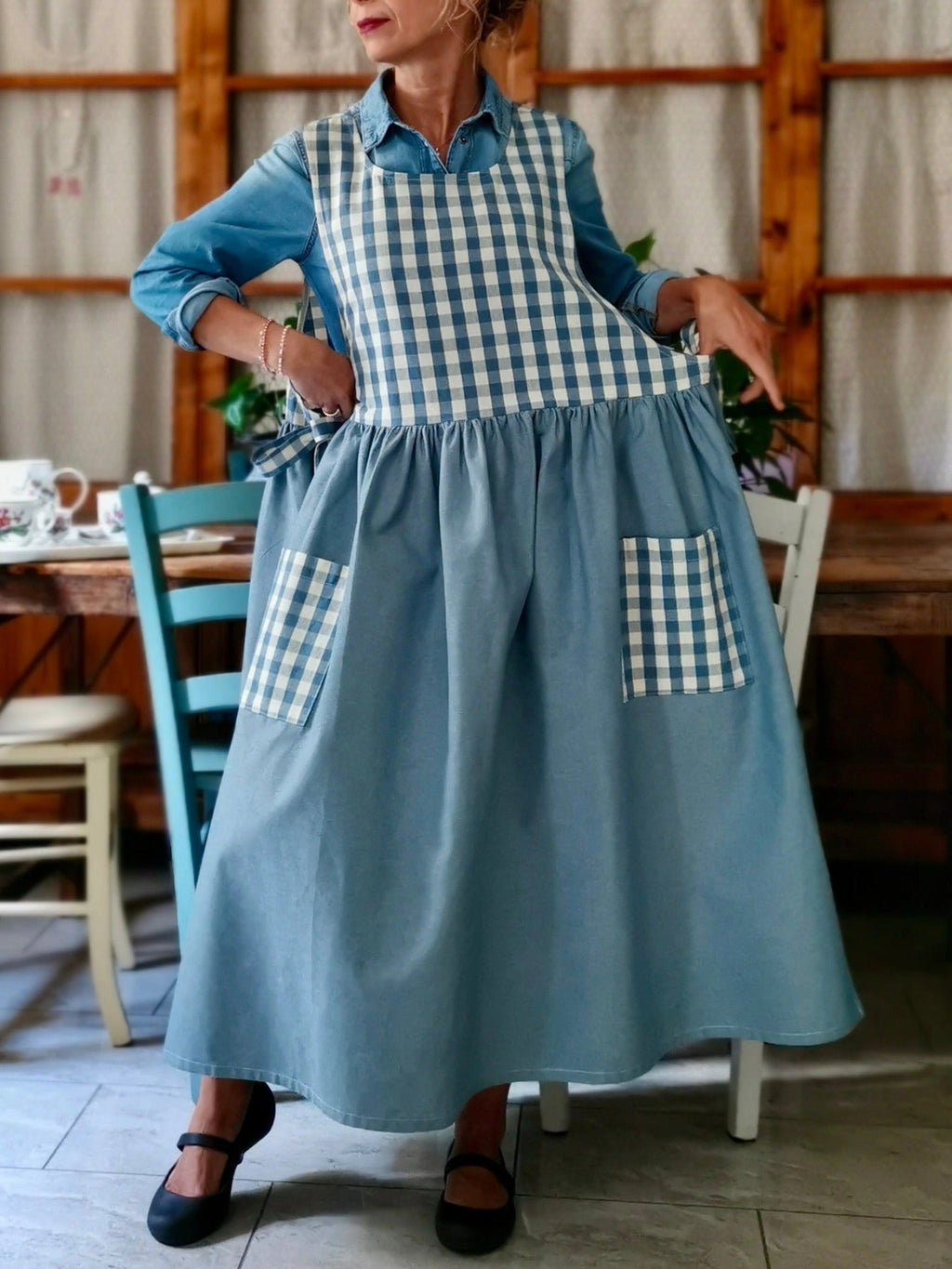 Dusty Blue Patchwork Cotton Apron