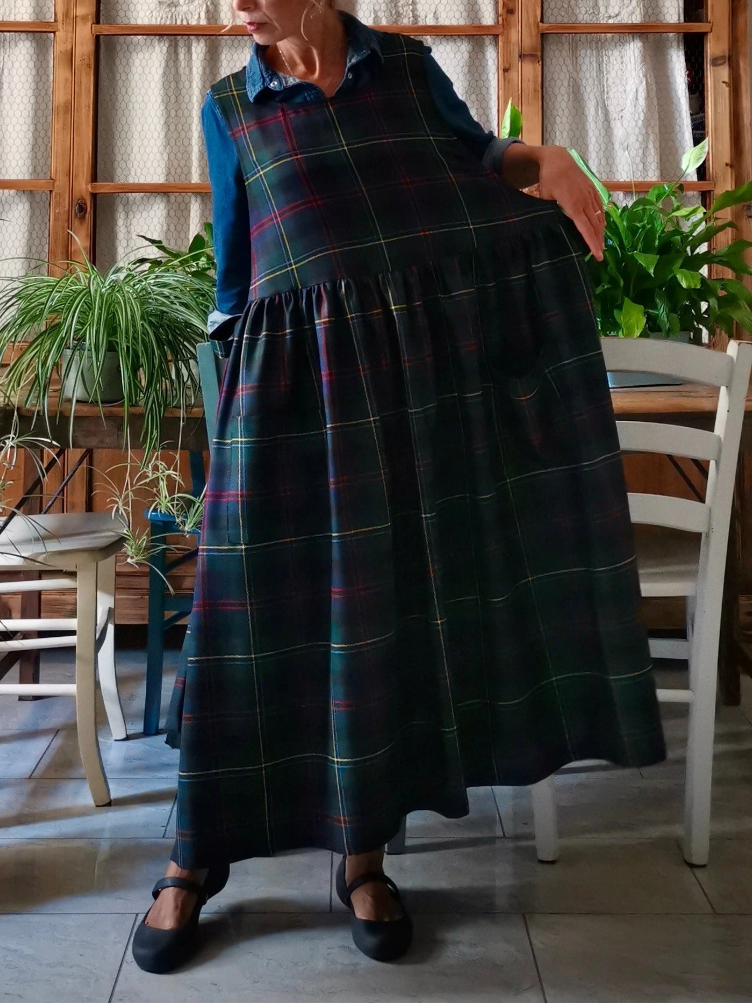 Vintage Navy Blue Base Red & Yellow Thin Plaid Long Apron & Dress (2-in-1)