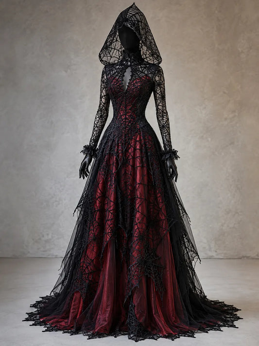 Womens High Neck Keyhole Cut Out Spiderweb Lace Hooded Long Sleeve Irregular Hem Train Maxi Gown