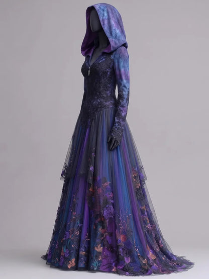 Womens Hooded V Neck Fitted Embroidered Lace Spliced Long Sleeve Tulle Train Long Gown