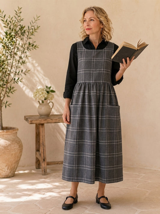 Charcoal Windowpane Cotton Pinafore Apron