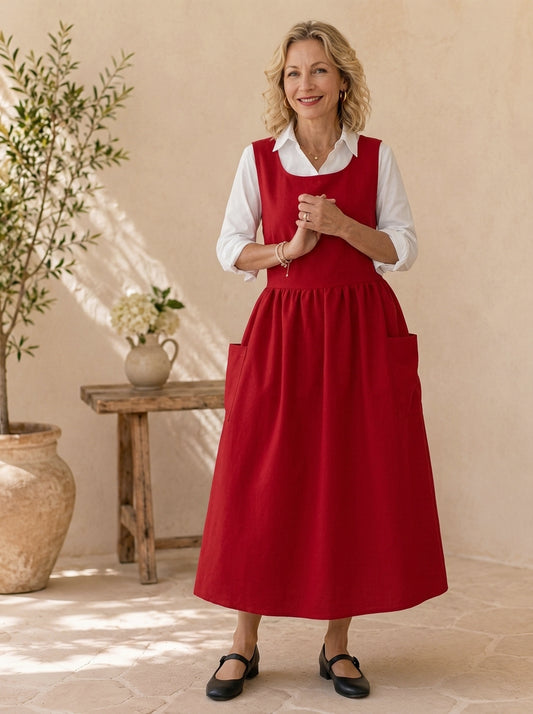 Classic Red Cotton Pinafore Apron