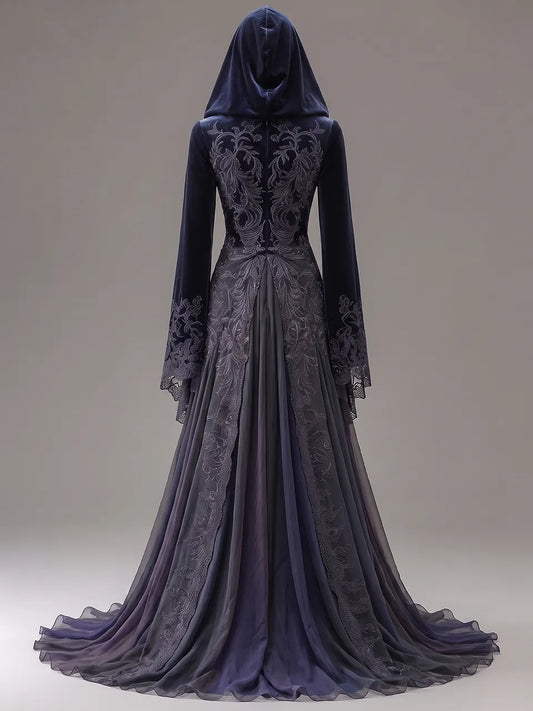 Womens V-neck Hooded Draped Collar Flare Sleeve Vine Embroidered Velvet Tulle Train Maxi Gown