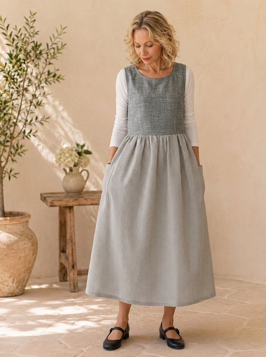 Grey Gingham Cotton Pinafore Apron
