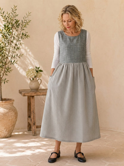 Grey Gingham Cotton Pinafore Apron
