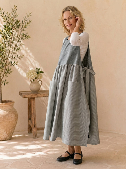 Grey Gingham Cotton Pinafore Apron