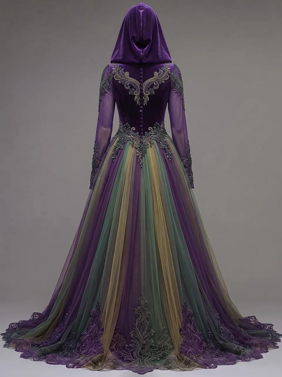 Womens Hooded V Neck Velvet Embroidered Spliced Sheer Long Sleeve Layered Tulle Embroidered Train Long Gown
