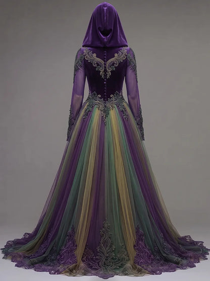 Womens Hooded V Neck Velvet Embroidered Spliced Sheer Long Sleeve Layered Tulle Embroidered Train Long Gown
