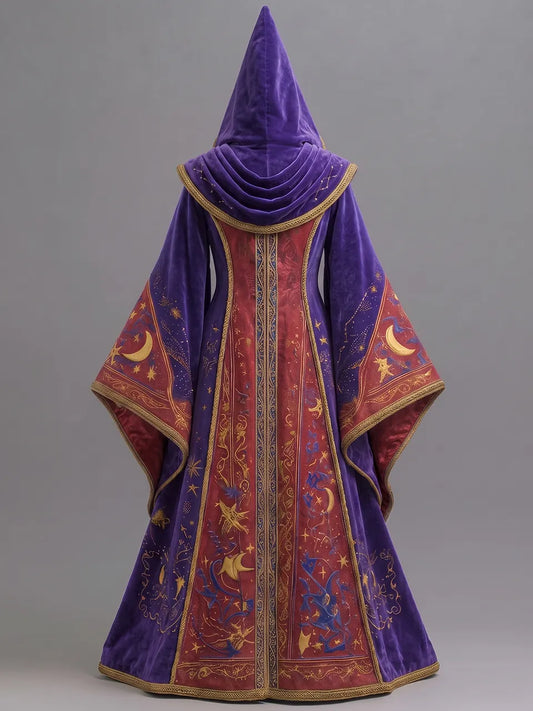 Womens Pointed Hood Draped Collar Trimmed Wide Sleeve Astrological Symbol Embroidered Velvet Long Wizard Robe