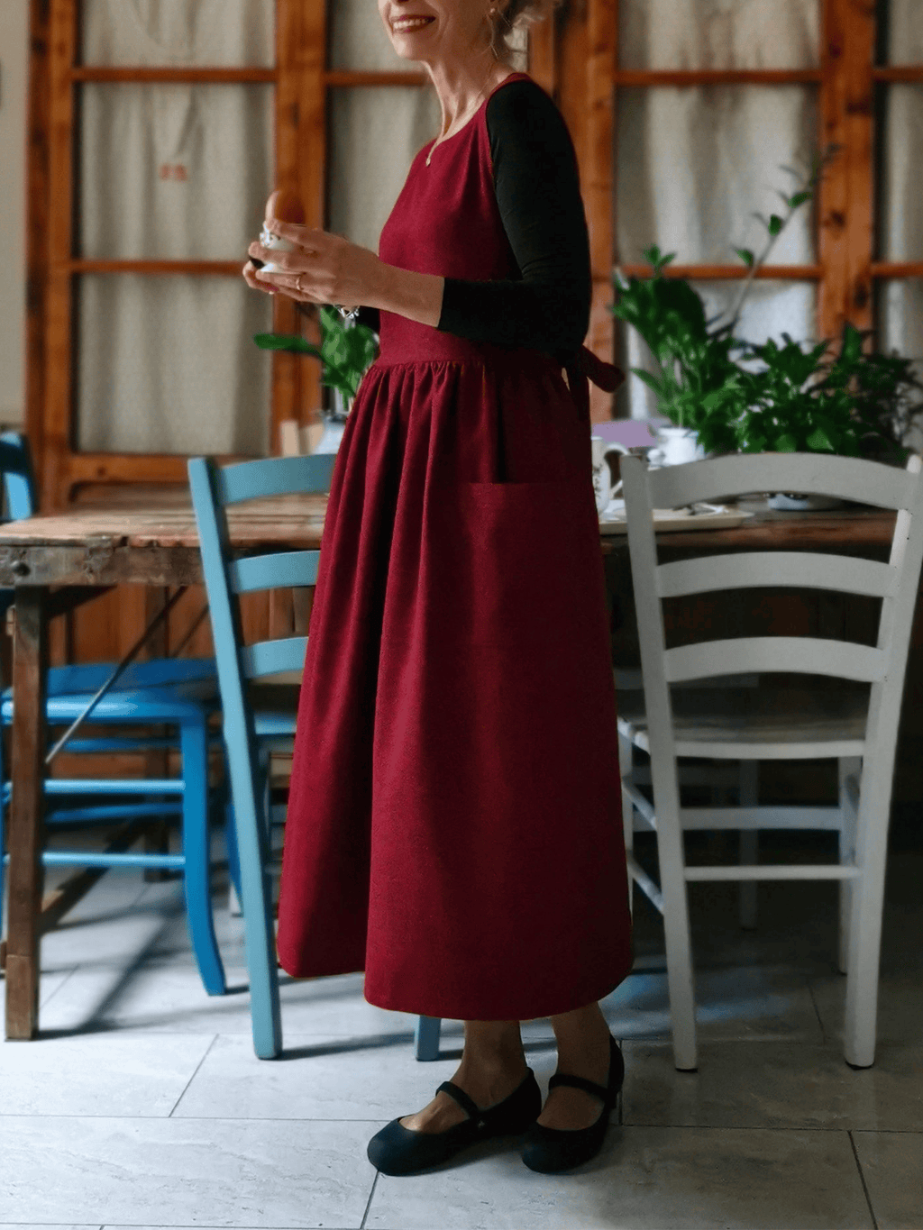 Vintage Burgundy Solid Long Apron & Dress (2-in-1)