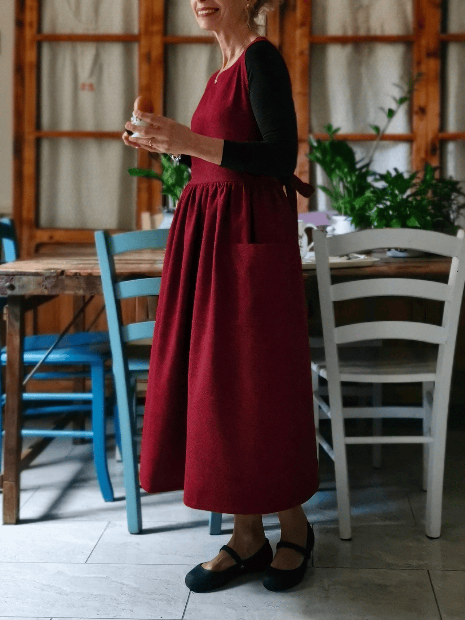 Vintage Burgundy Solid Long Apron & Dress (2-in-1)