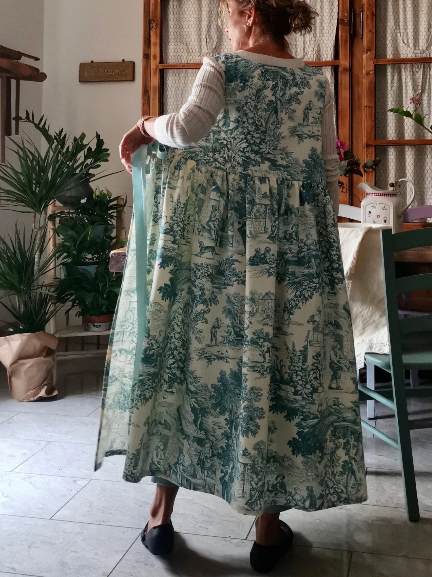 Vintage Teal Base Pastoral Landscape Print Long Apron & Dress (2-in-1)