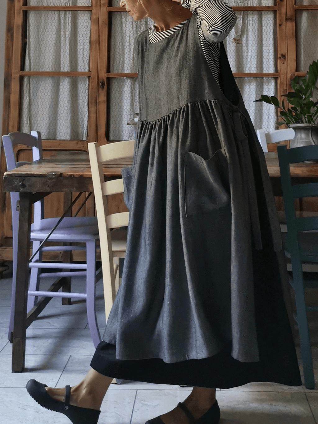 Vintage Gray Long Apron & Dress (2-in-1)