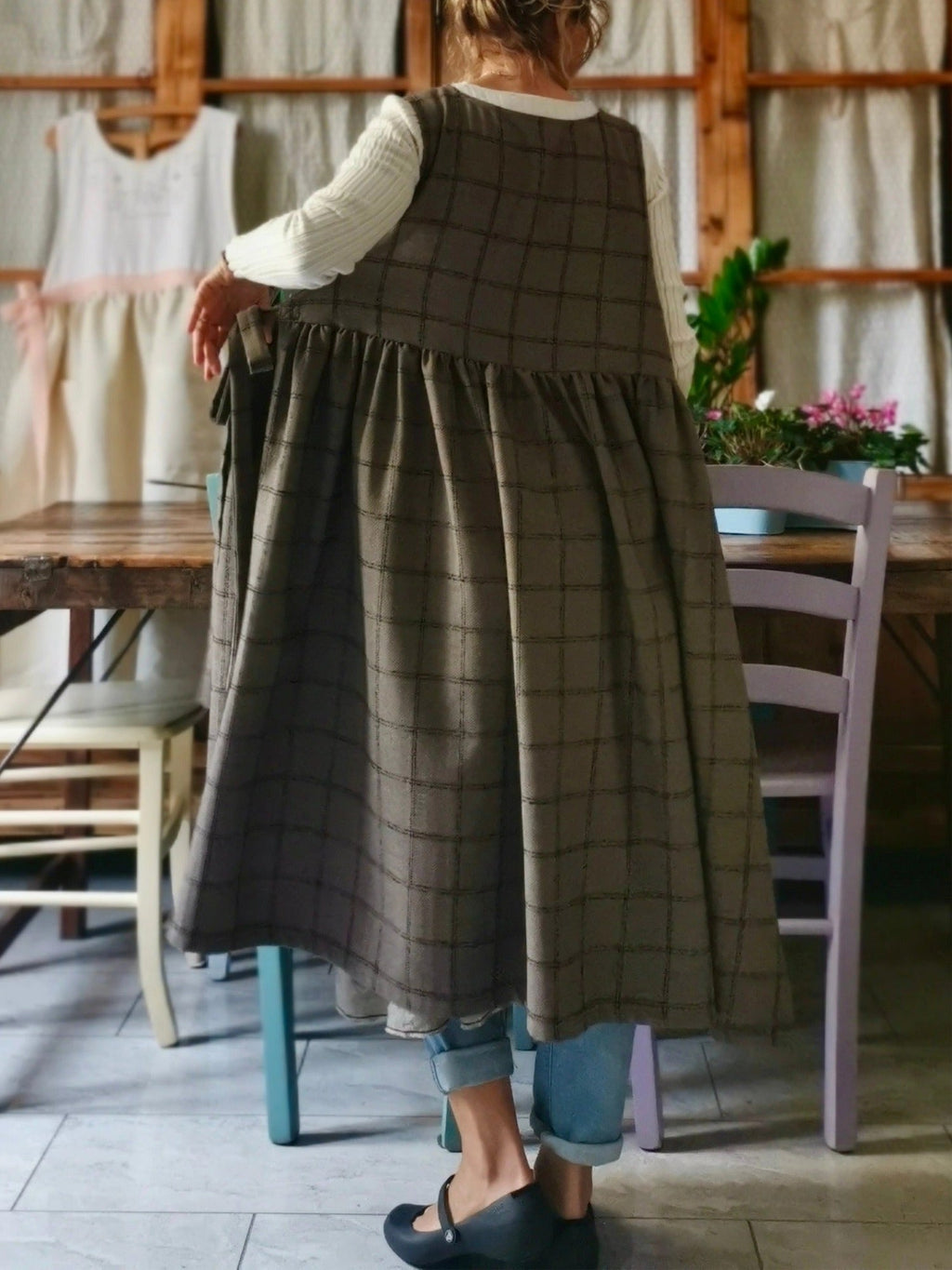 Vintage Brown Tone Plaid Long Apron & Dress (2-in-1)