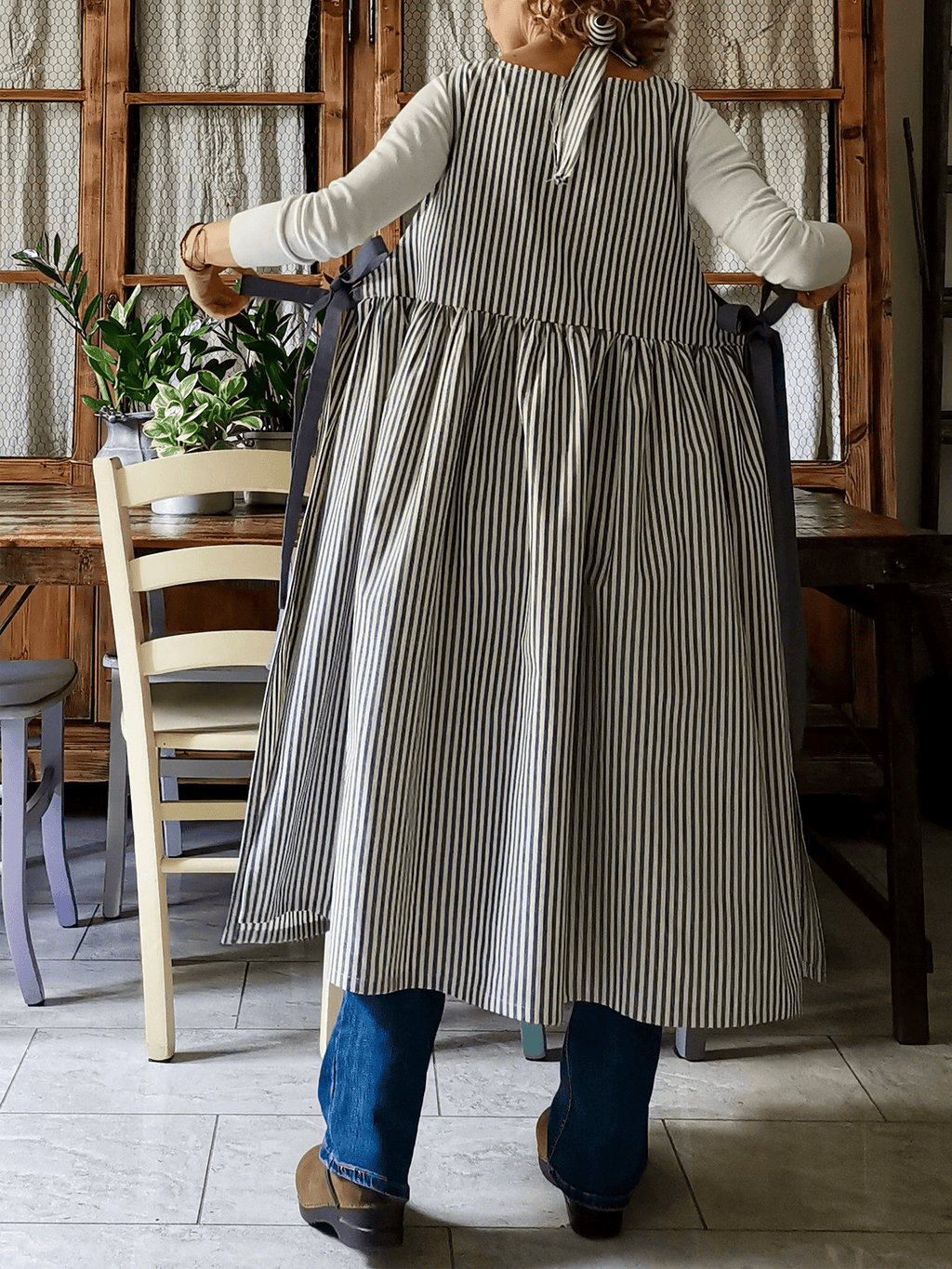 Vintage Dark Blue Thin Stripe Long Apron & Dress (2-in-1)