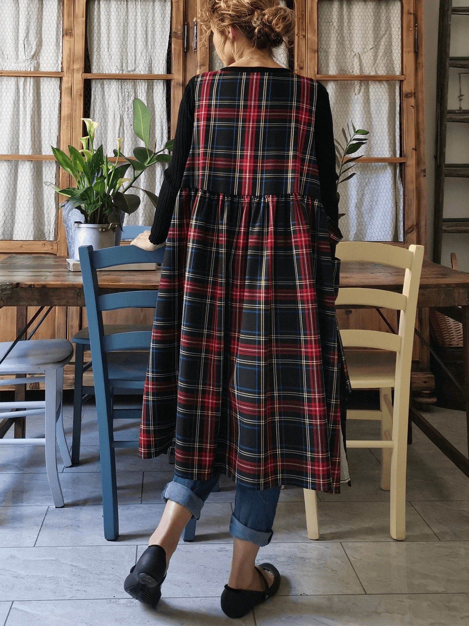 Vintage Black Base Red-Blue-Yellow Plaid Long Apron & Dress (2-in-1)