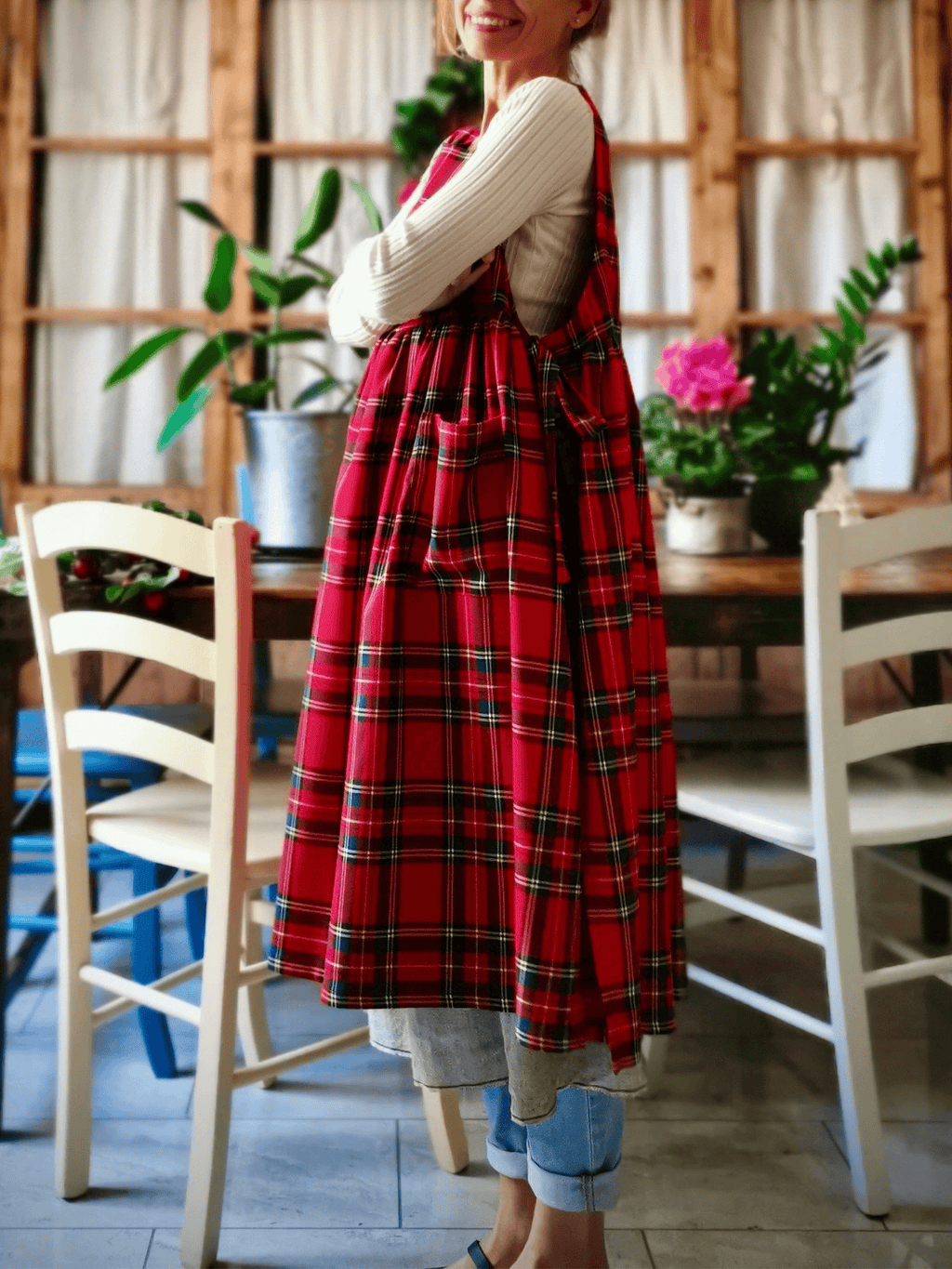 Vintage Red & Black Plaid Long Apron & Dress (2-in-1)