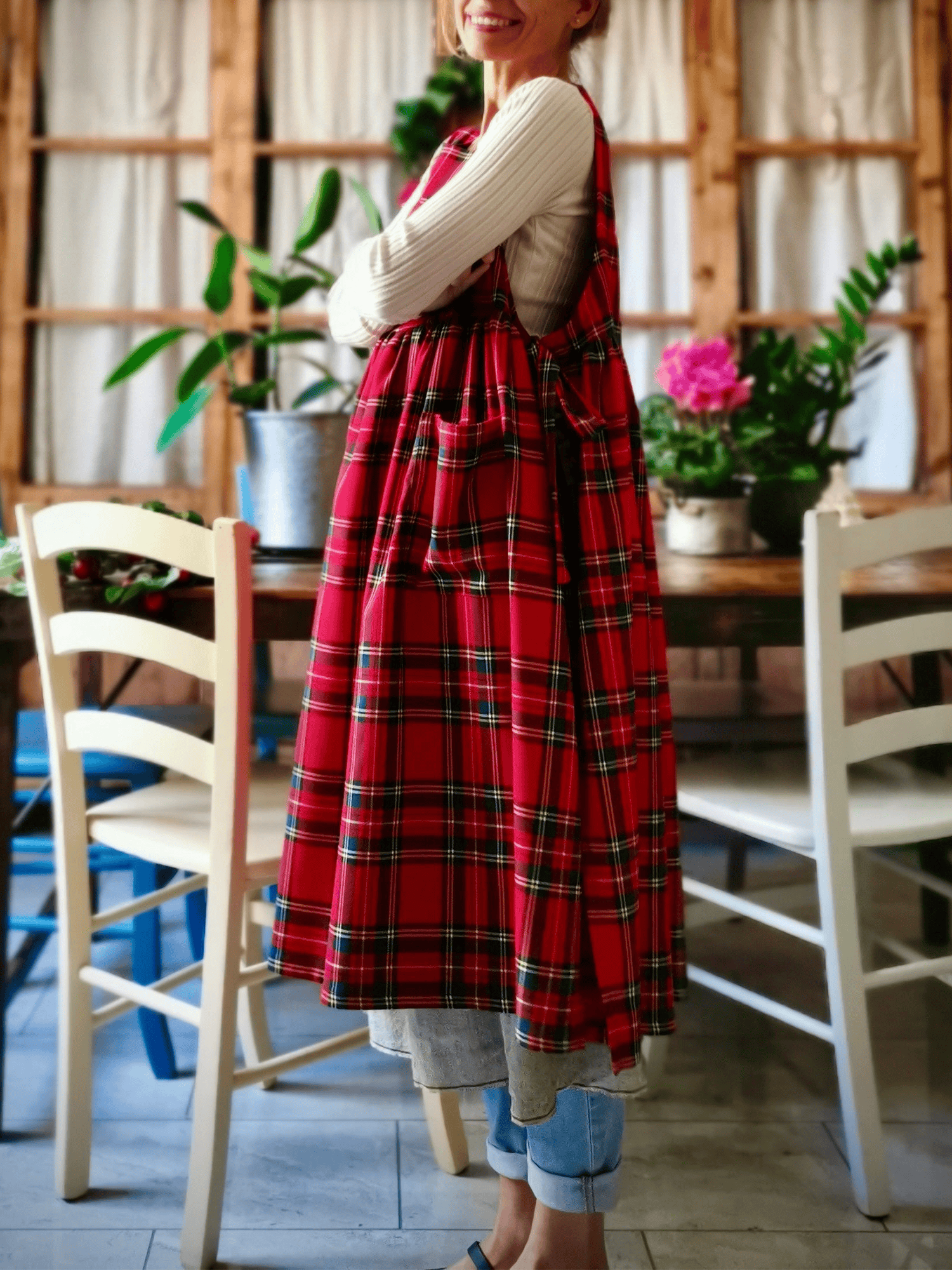Vintage Red & Black Plaid Long Apron & Dress (2-in-1)