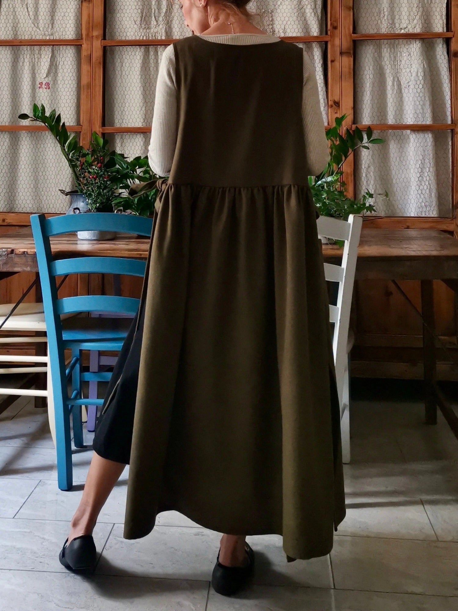 Vintage Dark Green Solid Long Apron & Dress (2-in-1)