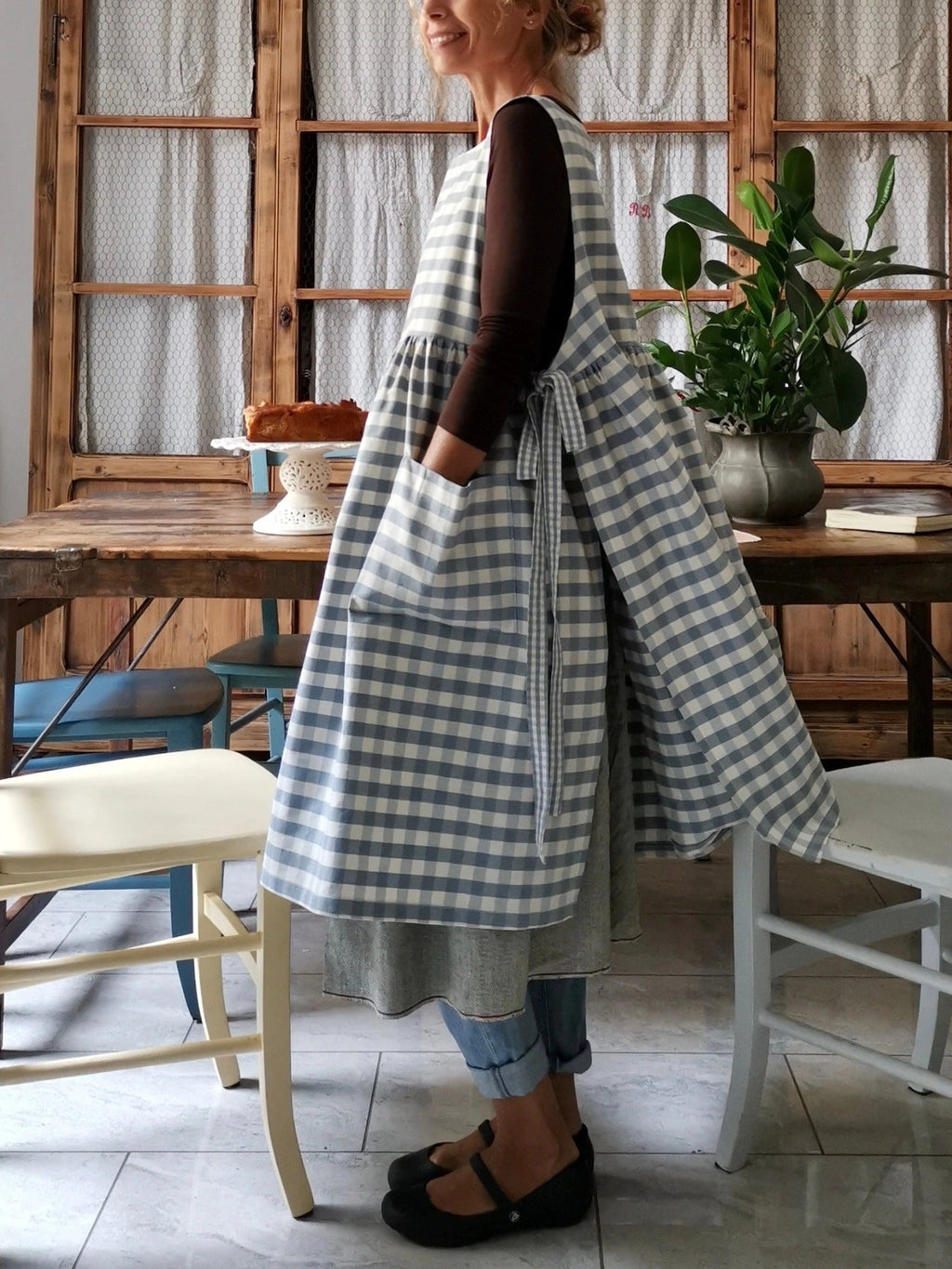 Vintage Light Blue & White Gingham Apron & Dress (2-in-1)