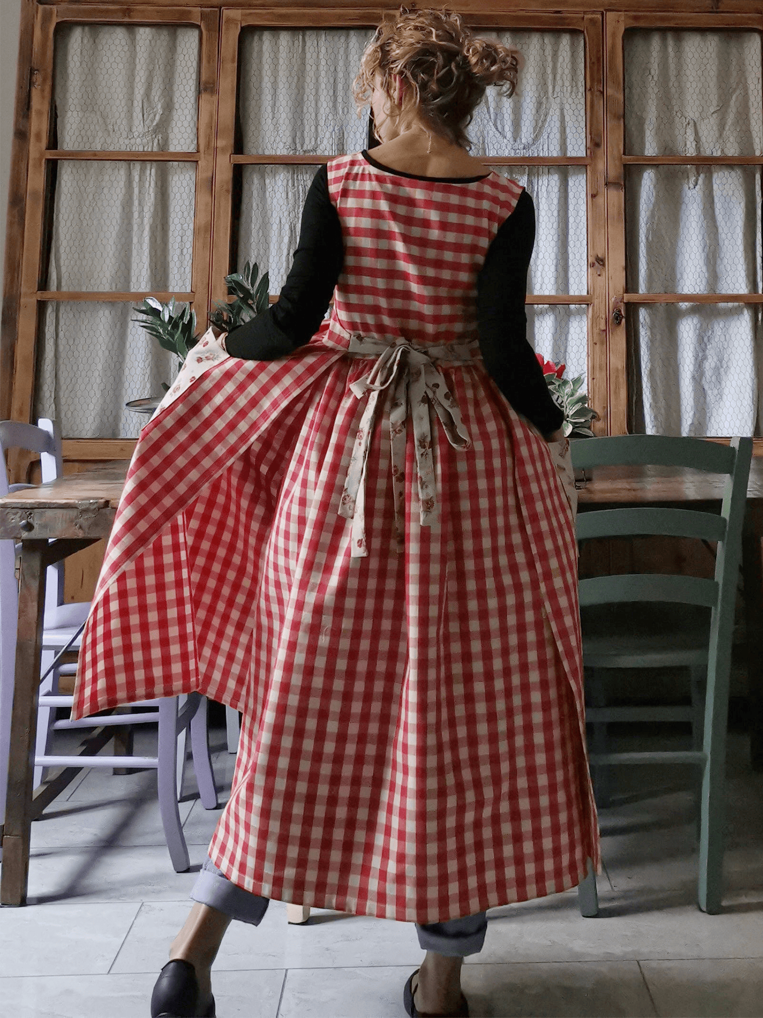 Vintage Red & White Plaid Long Apron & Dress (2-in-1) with Floral Pockets