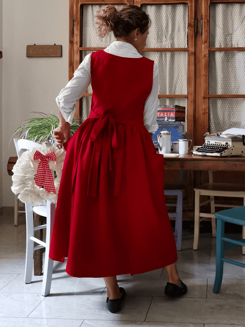 Vintage Red Apron & Dress (2-in-1) with Pockets